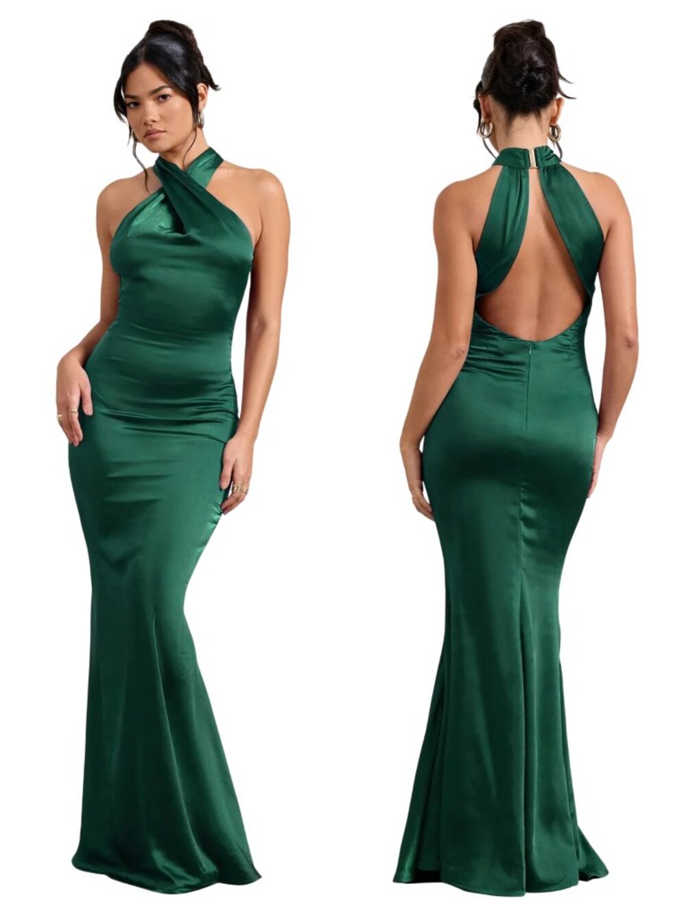 NWT Club L London Unstoppable Dress size US 10 UK 14 Bottle Green Satin Maxi